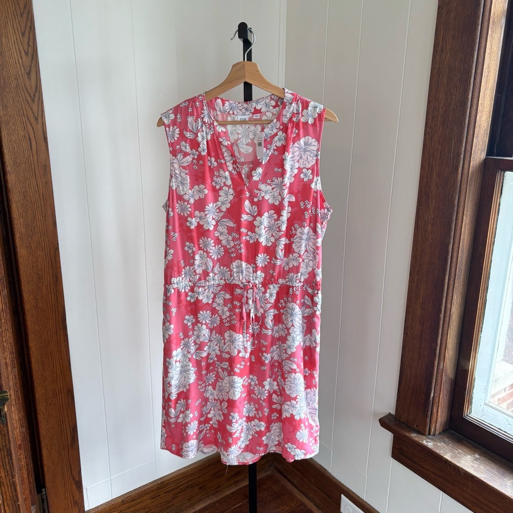 Gap Women’s L Coral Floral Rayon V-Neck Sleeveless Tie Waist Shirt Dress NWT
